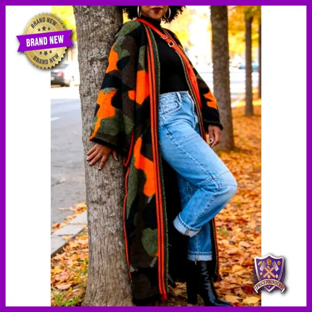 Long Camo Cardigan Open Front Oversized Chunky Knit Duster Sweater Coat - Picture 4 of 6